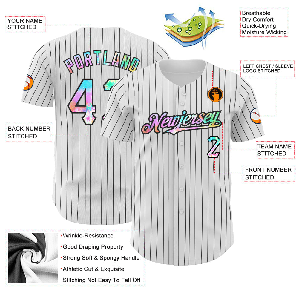 Custom White Black Pinstripe Tie Dye Authentic Baseball Jersey view 3