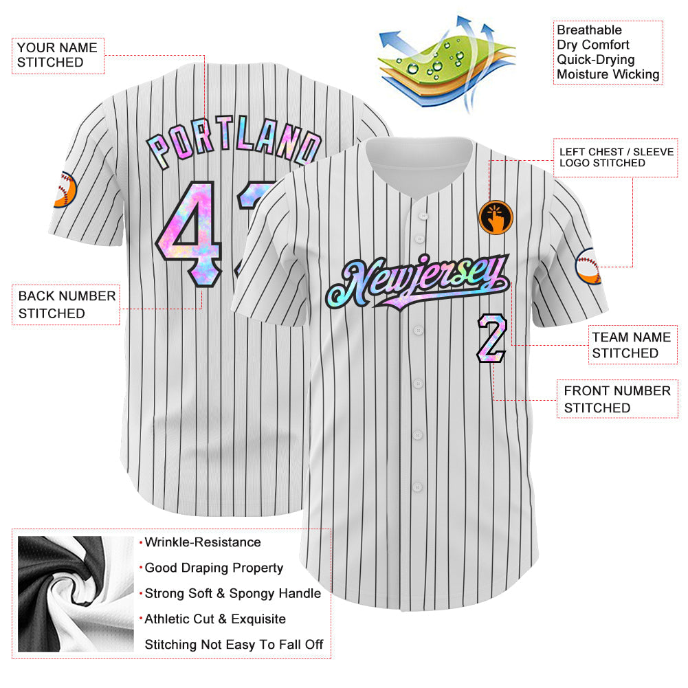 Custom White Black Pinstripe Tie Dye Authentic Baseball Jersey view 3