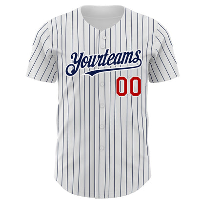 Custom White Navy Pinstripe Red Authentic Baseball Jersey view 2