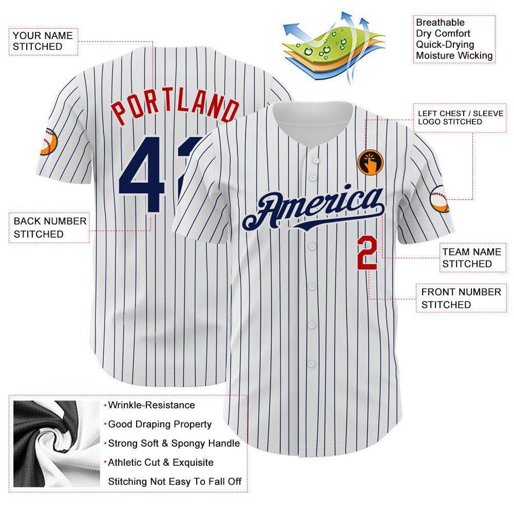 Custom White Navy Pinstripe Red Authentic Baseball Jersey view 3