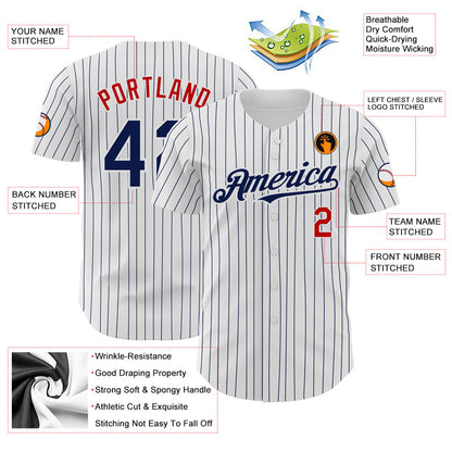 Custom White Navy Pinstripe Red Authentic Baseball Jersey view 3