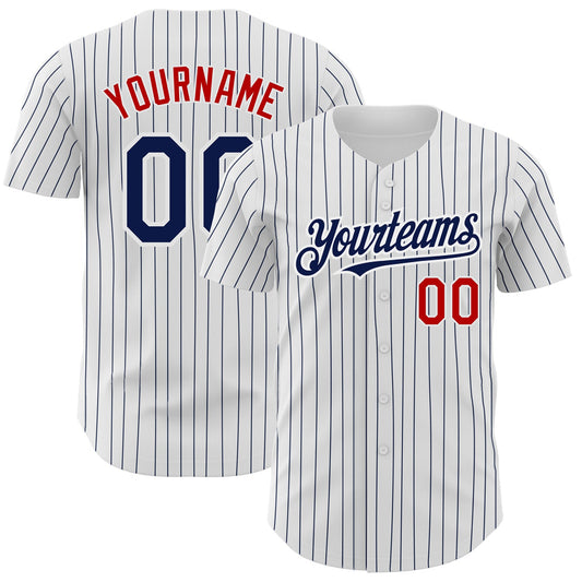 Custom White Navy Pinstripe Red Authentic Baseball Jersey - Main View