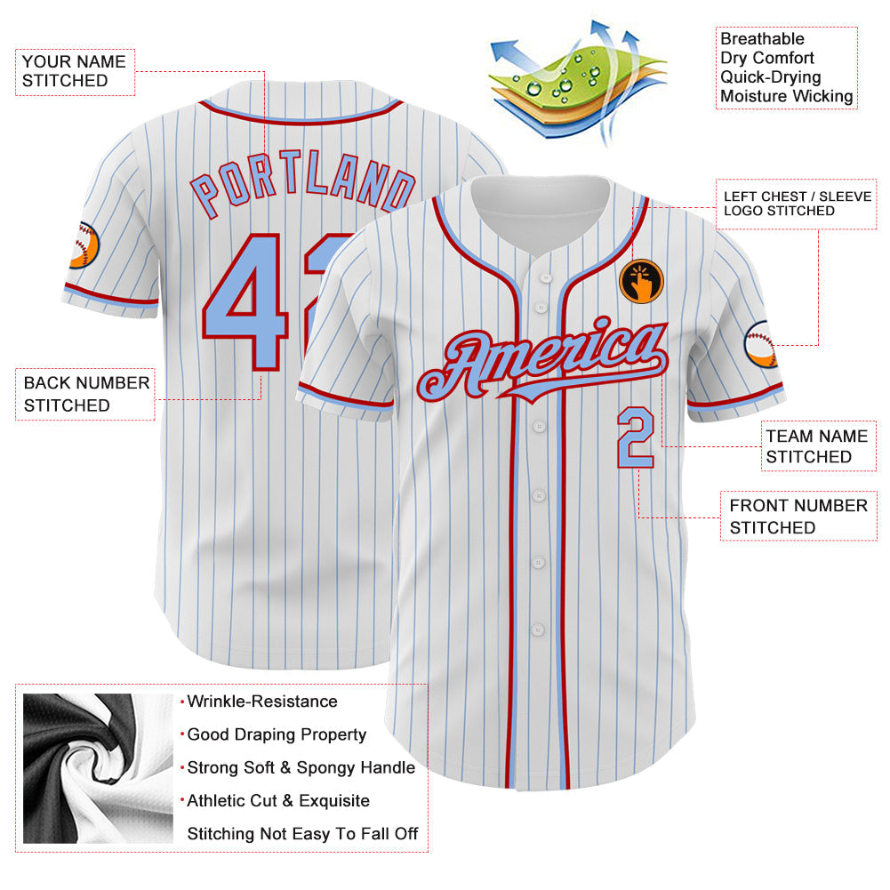 Custom White Light Blue Pinstripe Red Authentic Baseball Jersey view 3