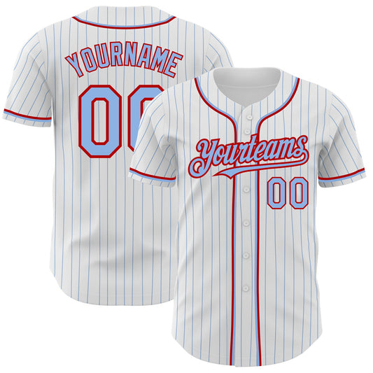 Custom White Light Blue Pinstripe Red Authentic Baseball Jersey - Main View