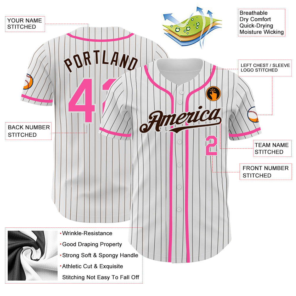 Custom White Brown Pinstripe Pink Authentic Baseball Jersey view 3