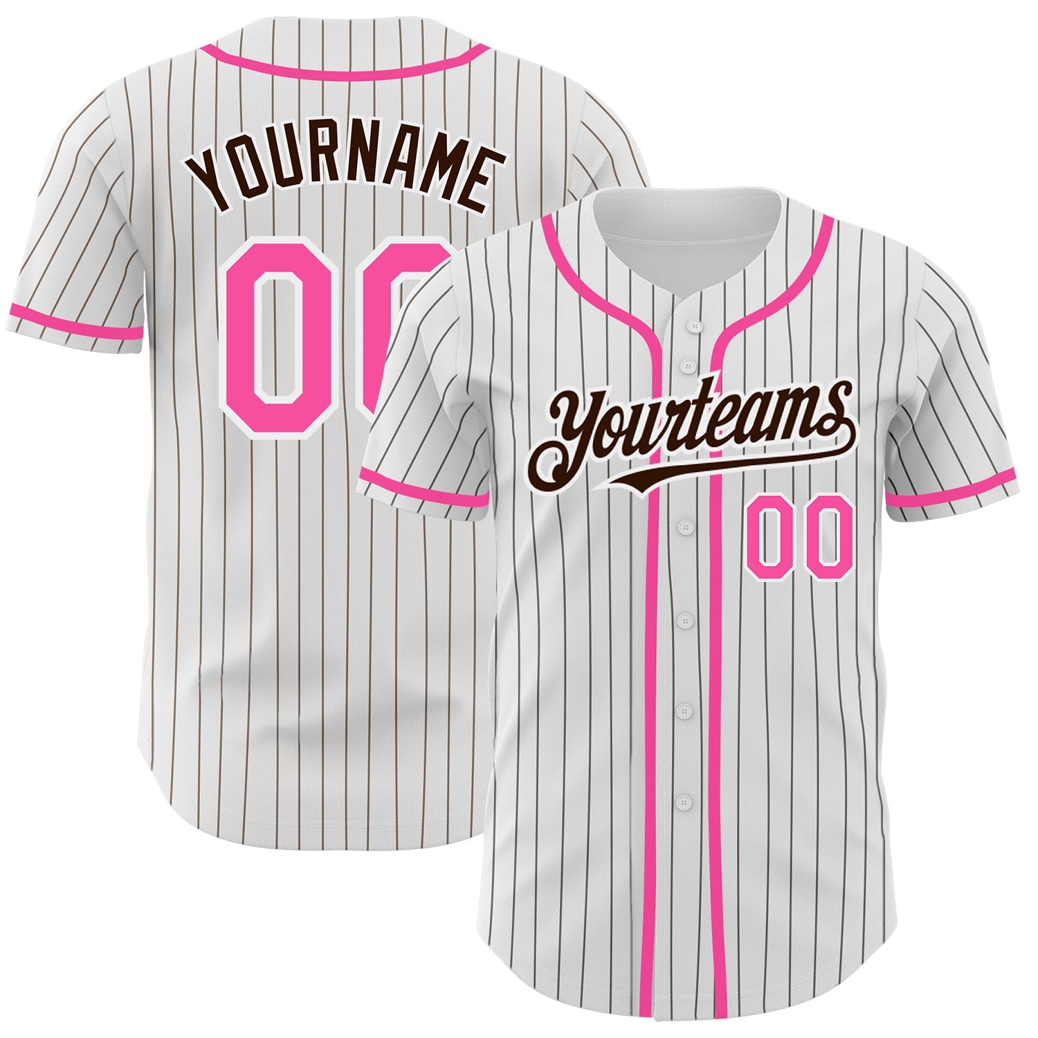 Custom White Brown Pinstripe Pink Authentic Baseball Jersey - Main View