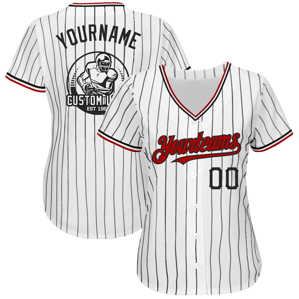 Custom White Black Pinstripe Red Authentic Baseball Jersey view 2