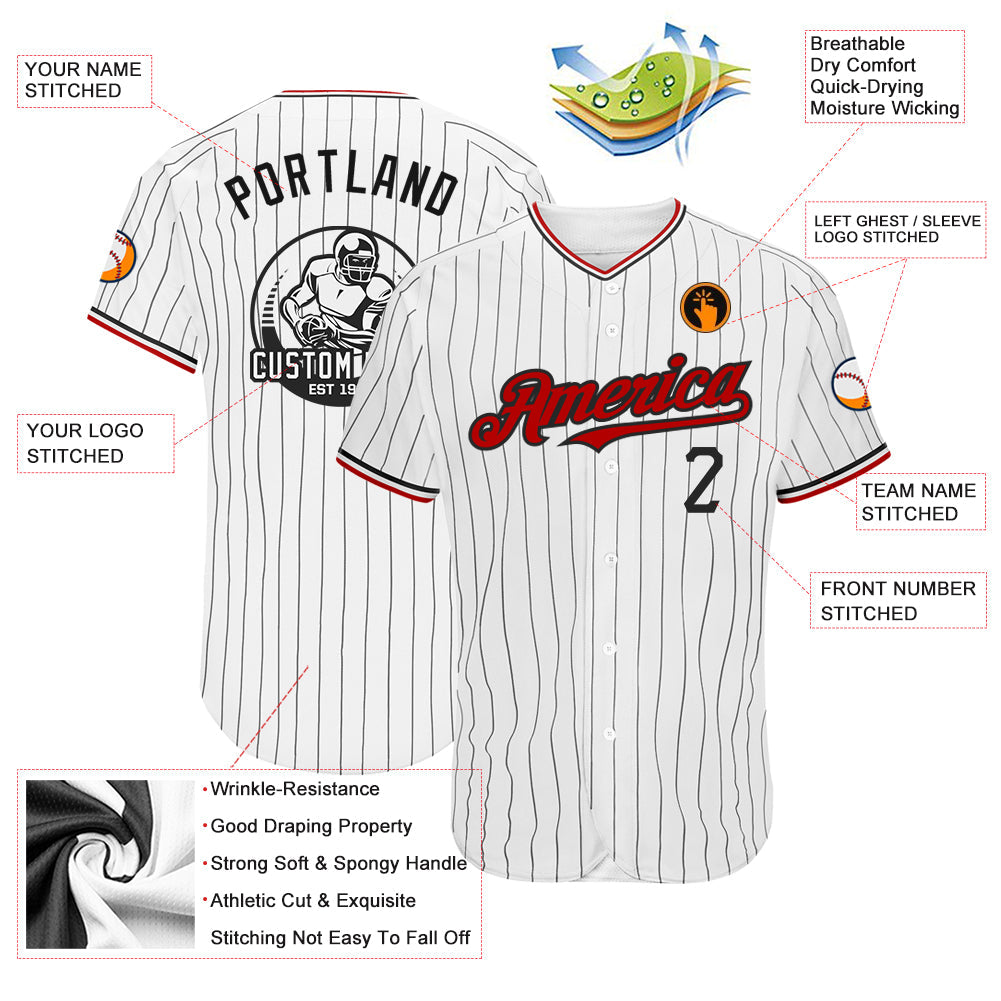 Custom White Black Pinstripe Red Authentic Baseball Jersey view 3