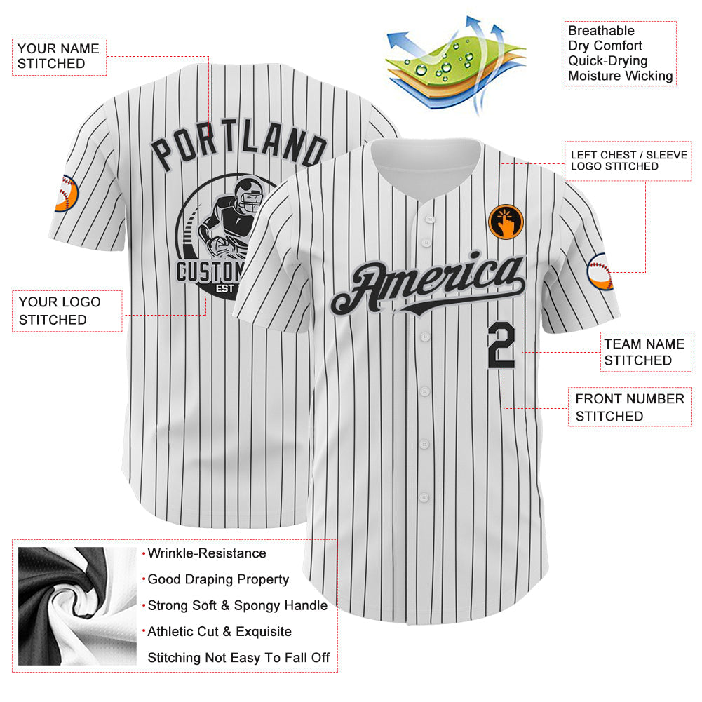 Custom White Black Pinstripe Gray Authentic Baseball Jersey view 3