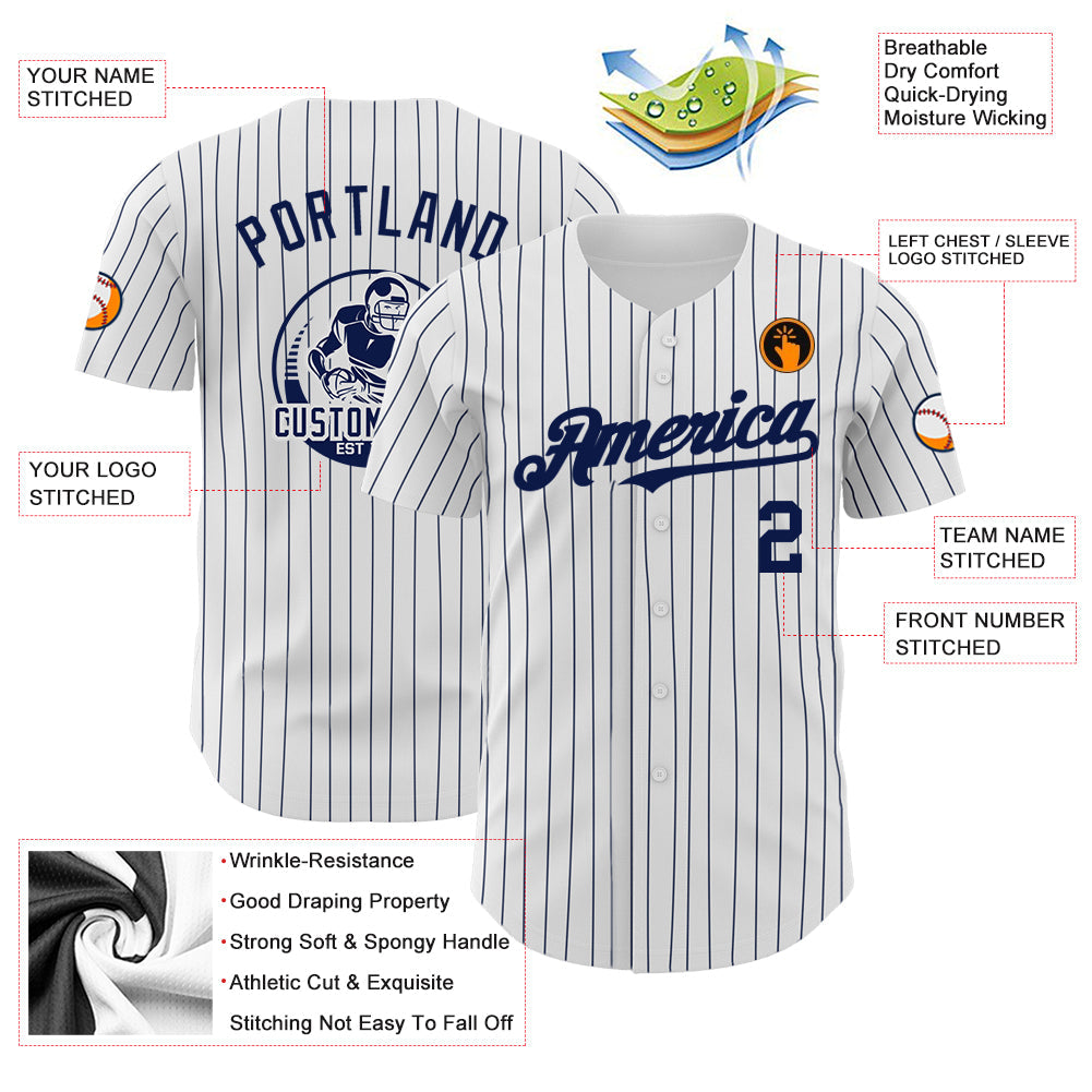 Custom White Navy Pinstripe Navy Authentic Baseball Jersey view 3