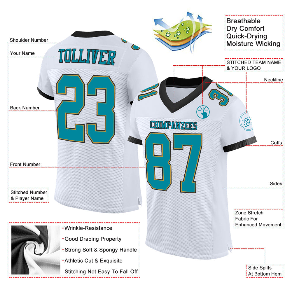 Custom White Teal Old Gold-Black Mesh Authentic Football Jersey view 2
