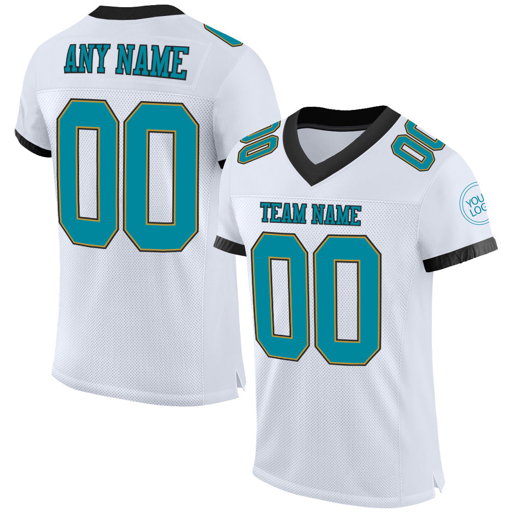 Custom White Teal Old Gold-Black Mesh Authentic Football Jersey - Main View