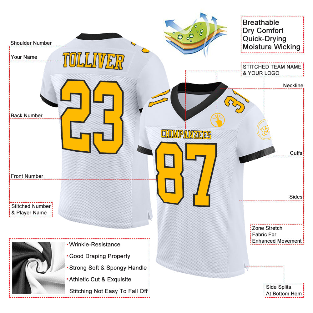 Custom White Gold-Black Mesh Authentic Football Jersey view 2