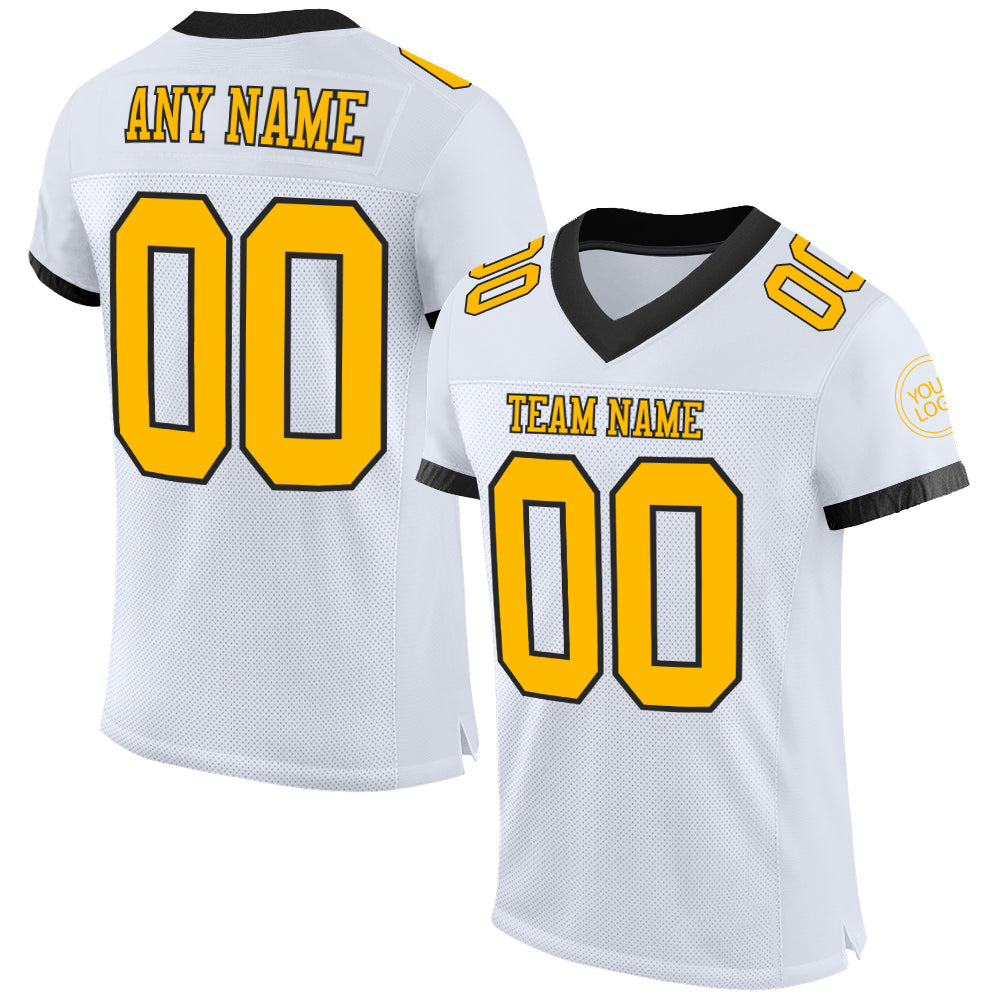 Custom White Gold-Black Mesh Authentic Football Jersey - Main View