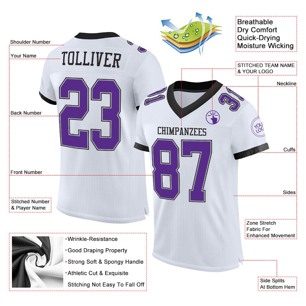Custom White Purple Gray-Black Mesh Authentic Football Jersey view 2