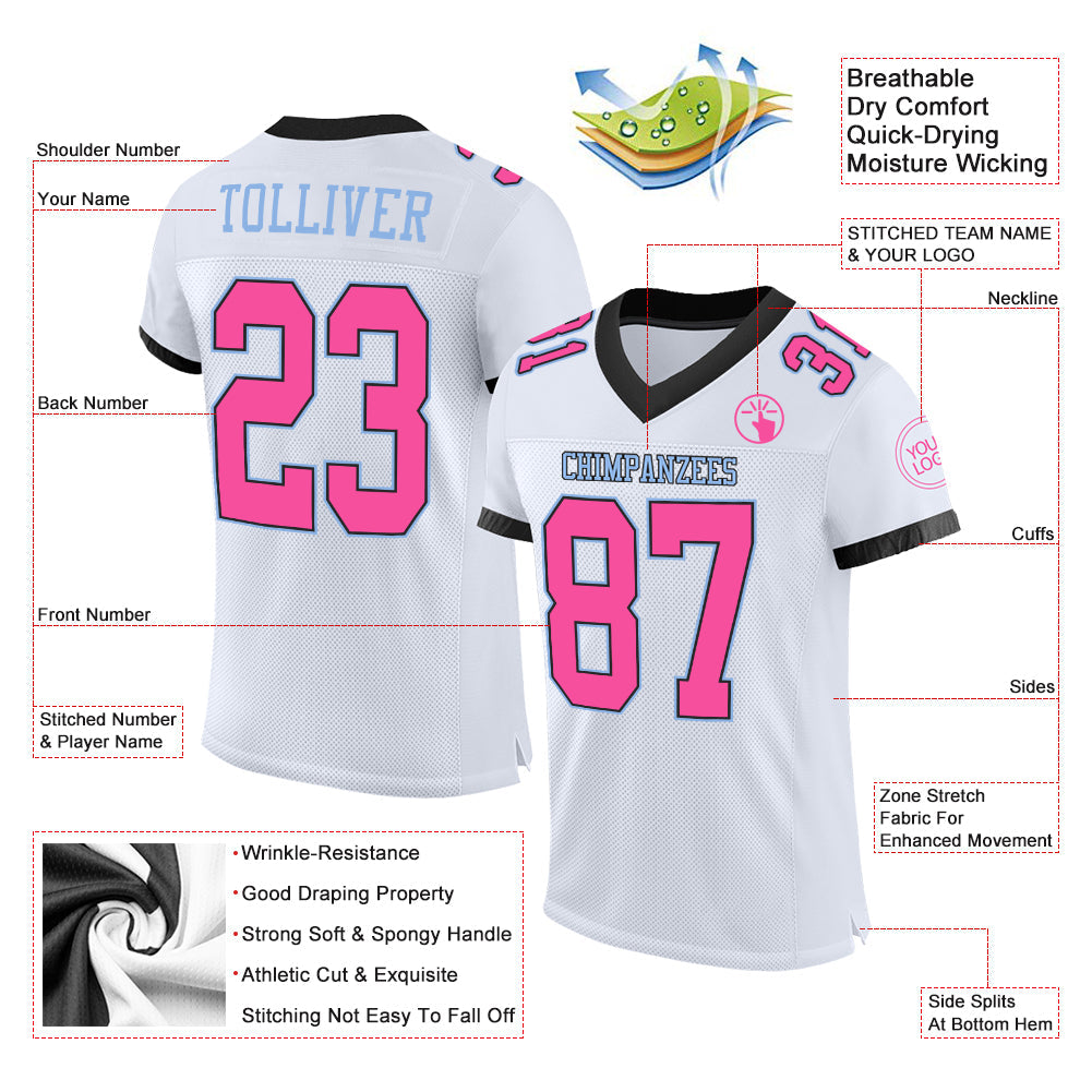 Custom White Pink Black-Light Blue Mesh Authentic Football Jersey view 2
