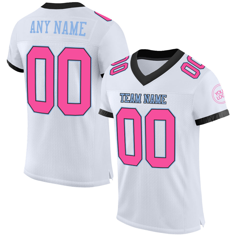 Custom White Pink Black-Light Blue Mesh Authentic Football Jersey - Main View