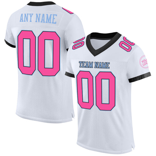 Custom White Pink Black-Light Blue Mesh Authentic Football Jersey - Main View