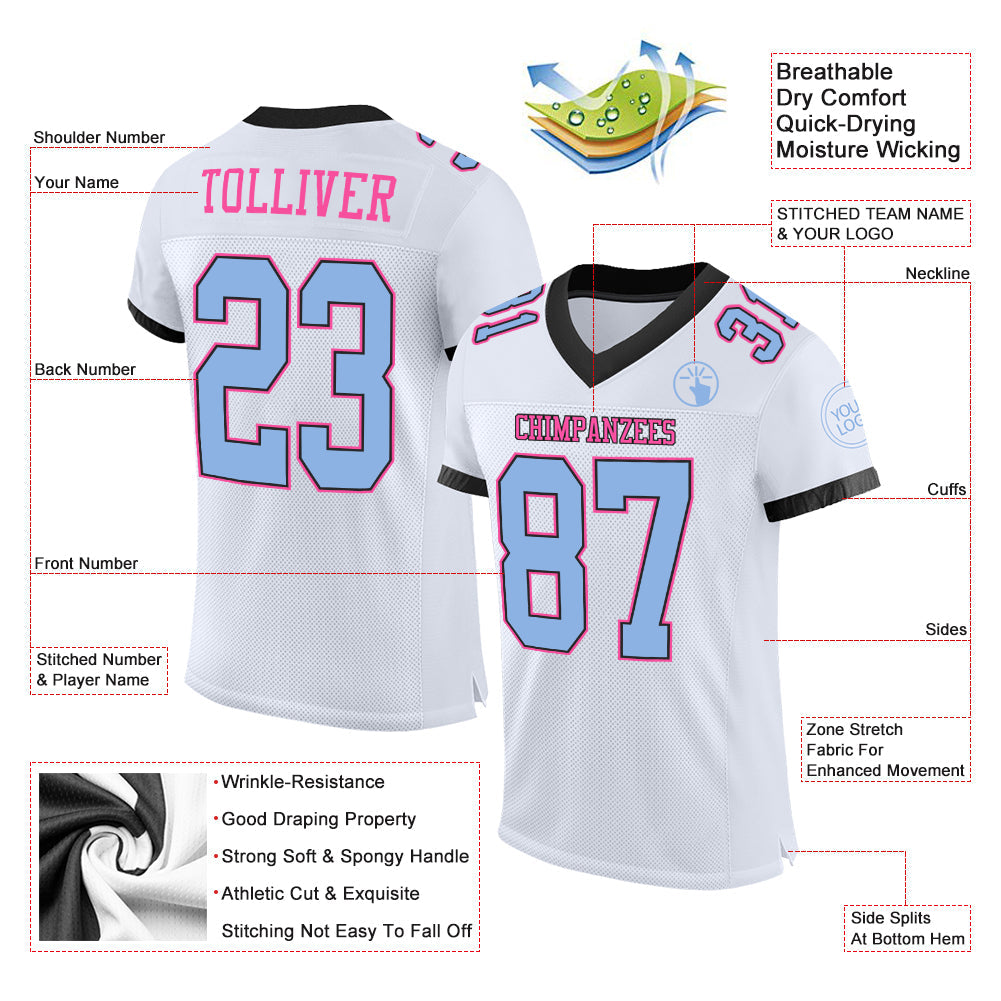 Custom White Light Blue Black-Pink Mesh Authentic Football Jersey view 2