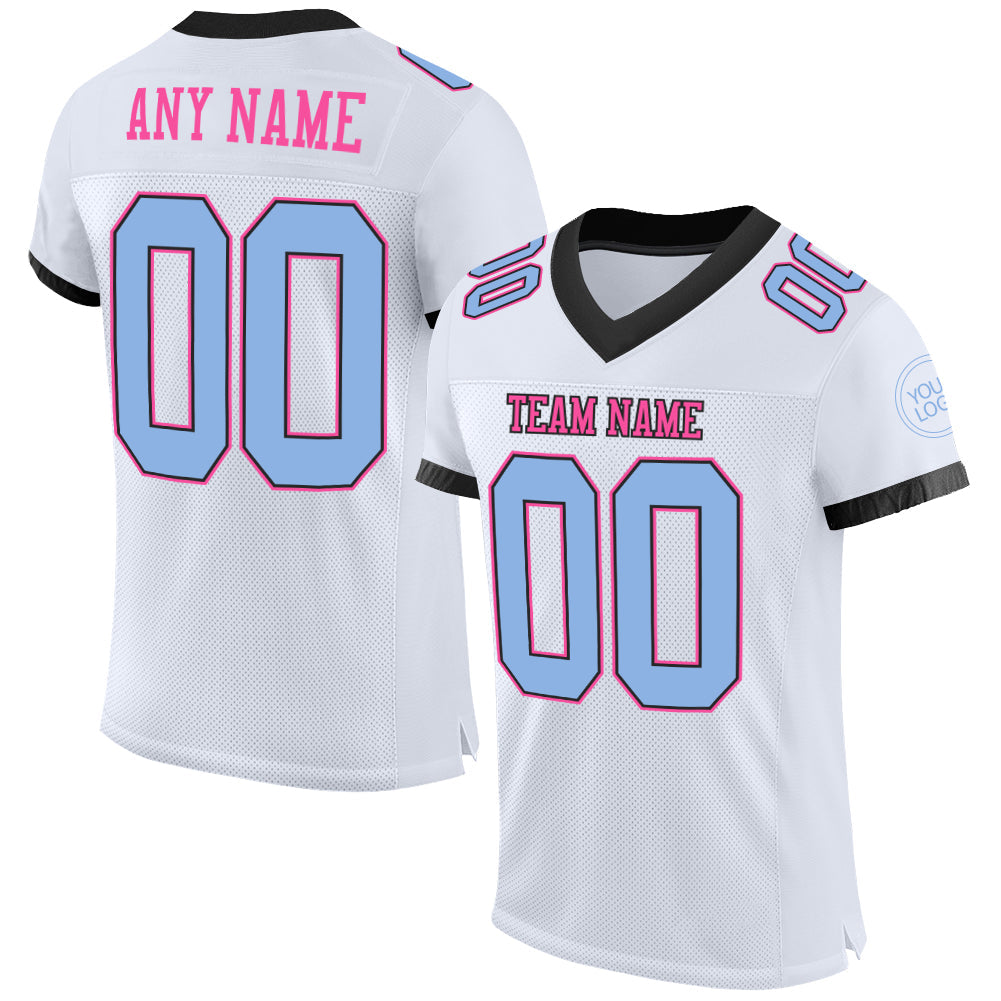 Custom White Light Blue Black-Pink Mesh Authentic Football Jersey - Main View