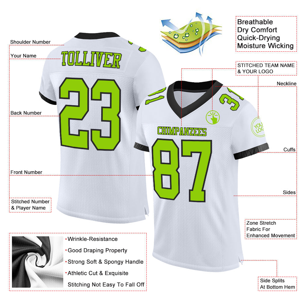 Custom White Neon Green-Black Mesh Authentic Football Jersey view 2