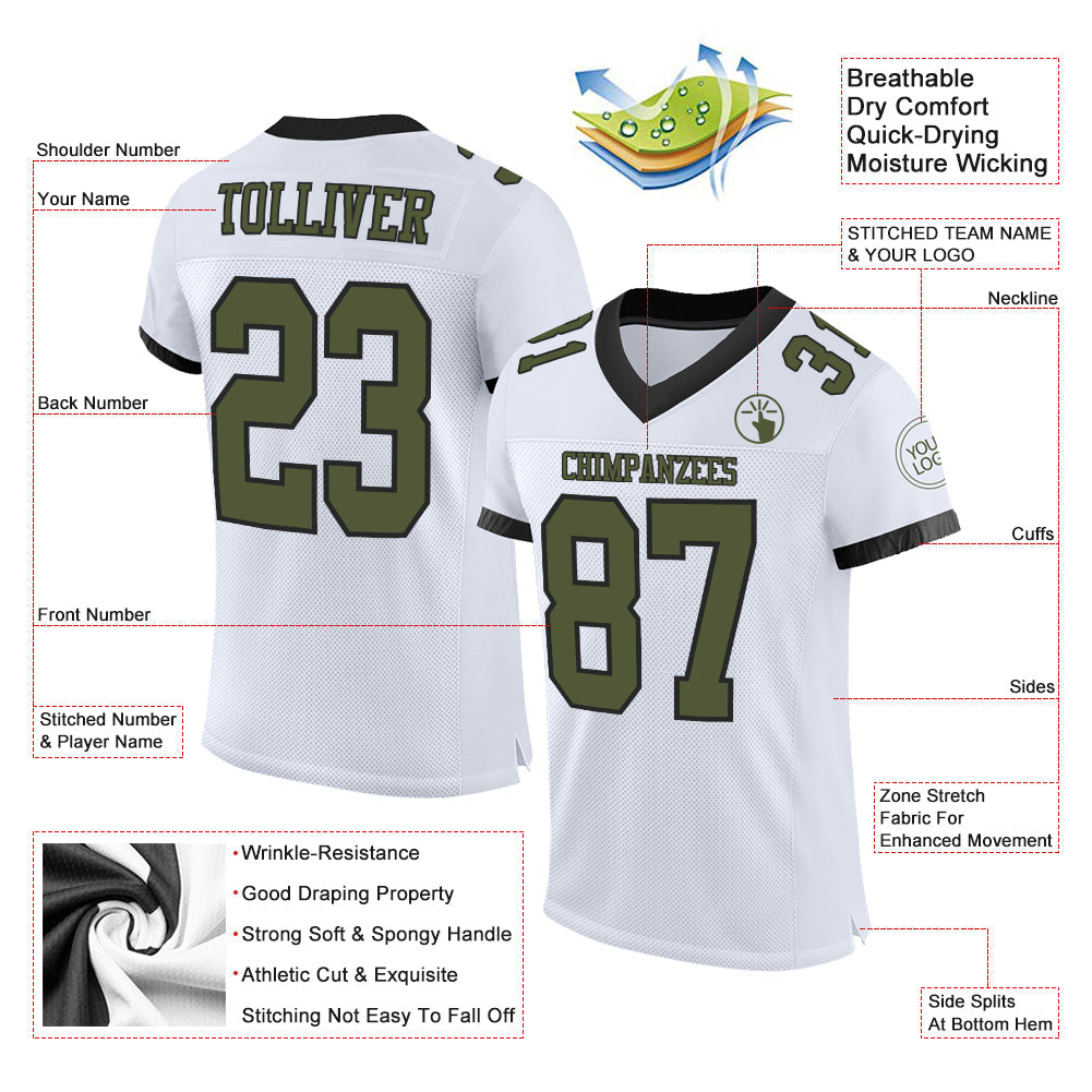Custom White Olive-Black Mesh Authentic Football Jersey view 2