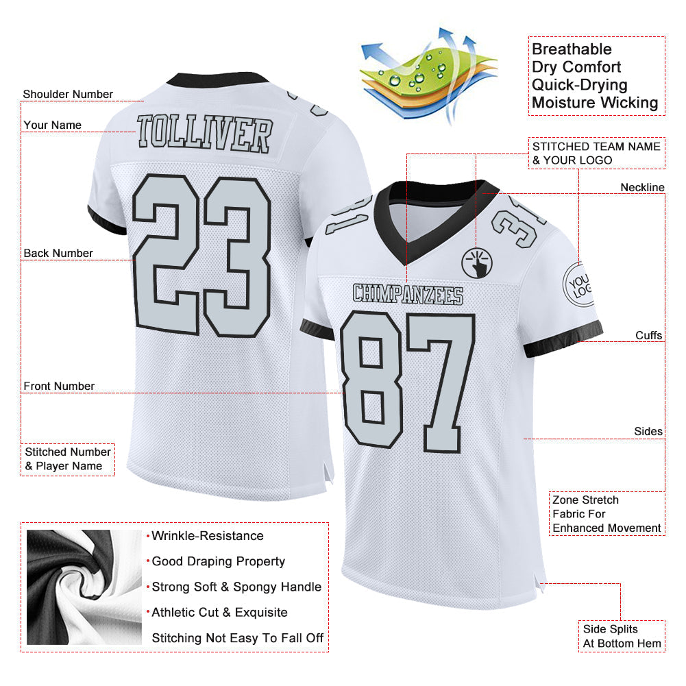Custom White Silver-Black Mesh Authentic Football Jersey view 2