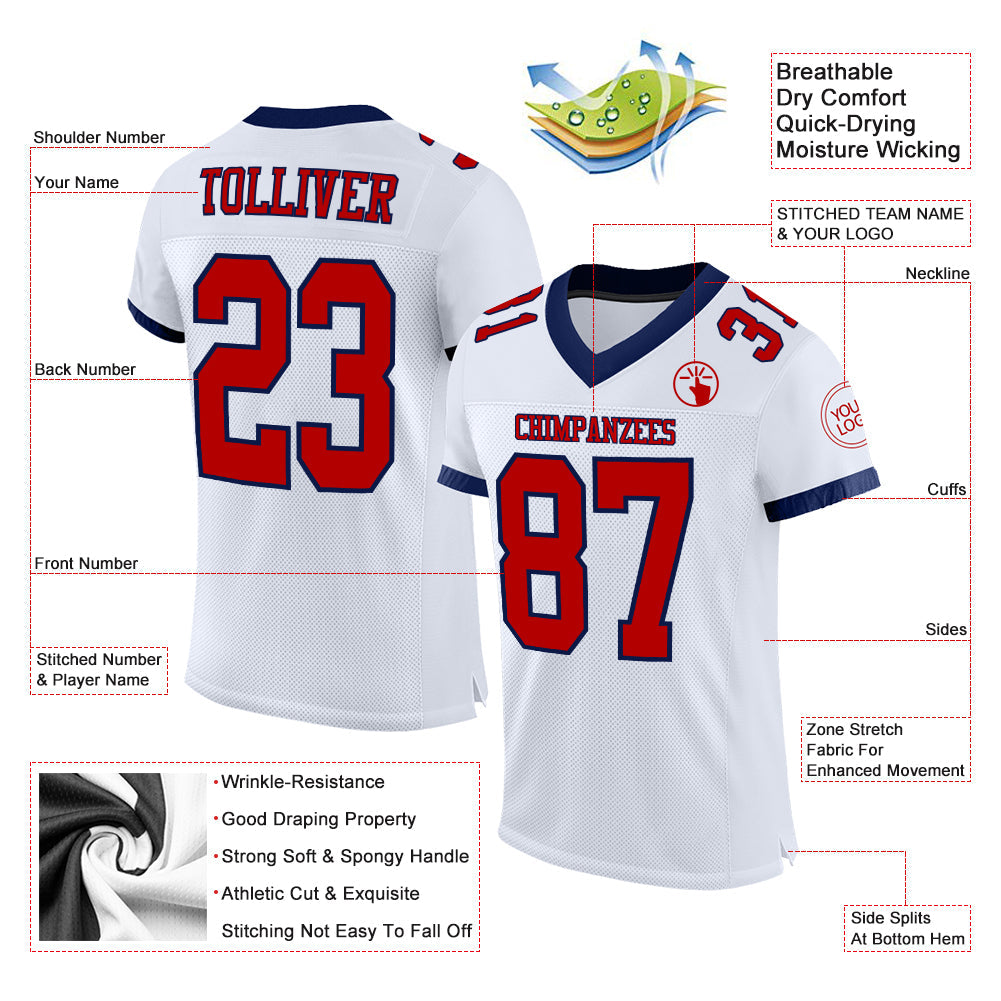 Custom White Red-Navy Mesh Authentic Football Jersey view 3
