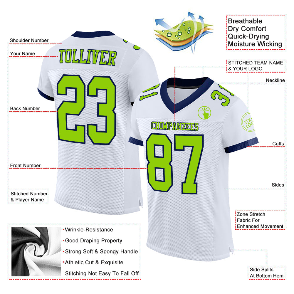 Custom White Neon Green-Navy Mesh Authentic Football Jersey view 2