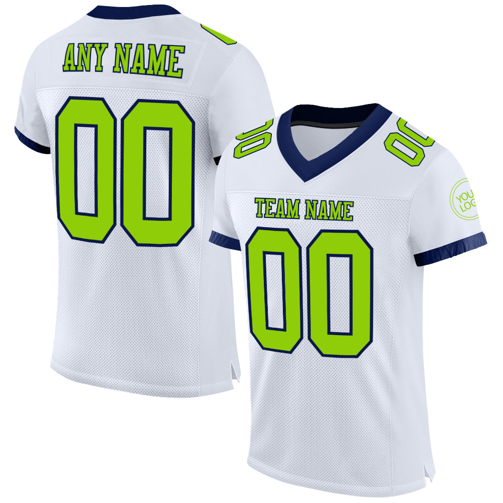 Custom White Neon Green-Navy Mesh Authentic Football Jersey - Main View