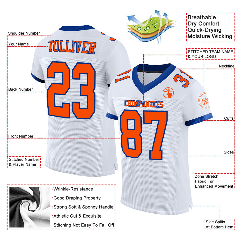Custom White Orange-Royal Mesh Authentic Football Jersey view 2