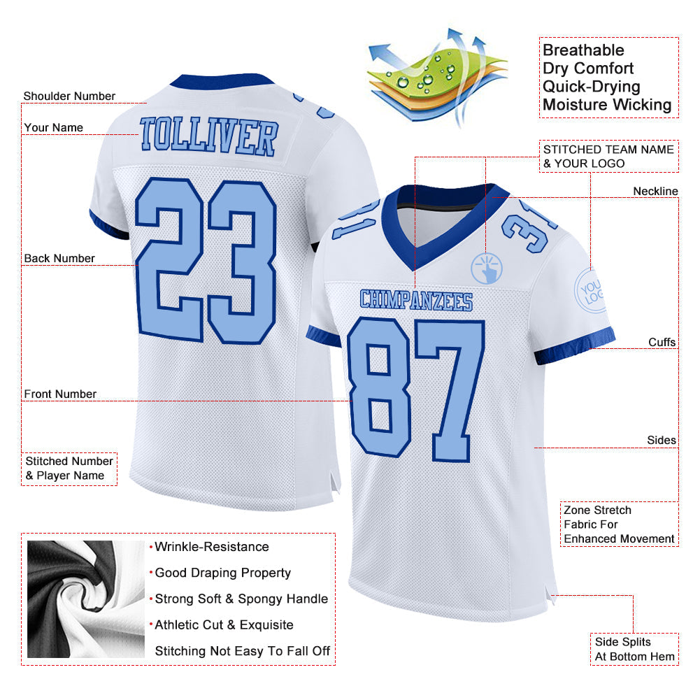 Custom White Light Blue-Royal Mesh Authentic Football Jersey view 2