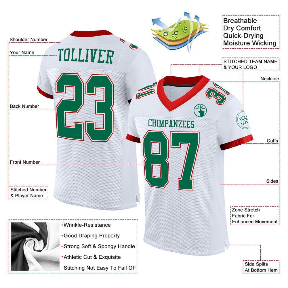 Custom White Kelly Green-Red Mesh Authentic Football Jersey view 2