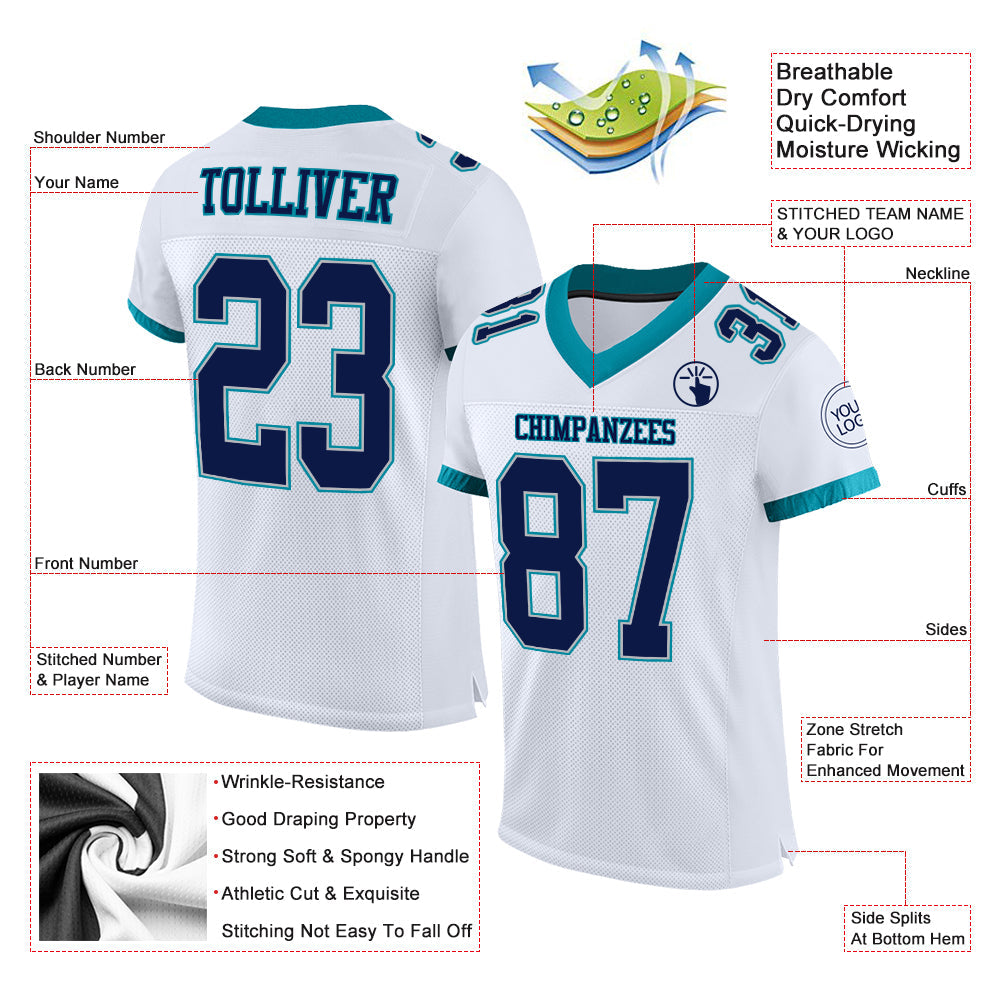 Custom White Navy Gray-Teal Mesh Authentic Football Jersey view 2