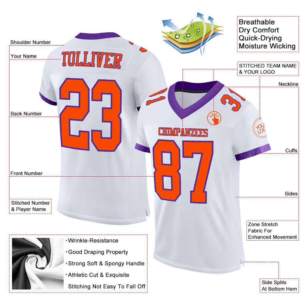 Custom White Orange-Purple Mesh Authentic Football Jersey view 2