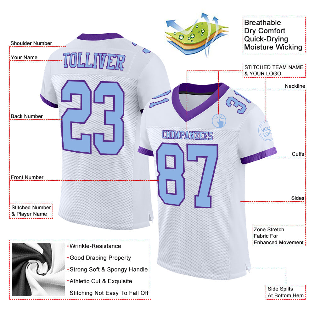 Custom White Light Blue-Purple Mesh Authentic Football Jersey view 2