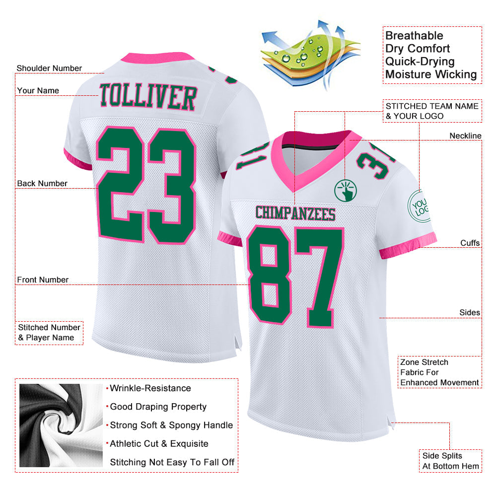 Custom White Kelly Green-Pink Mesh Authentic Football Jersey view 2