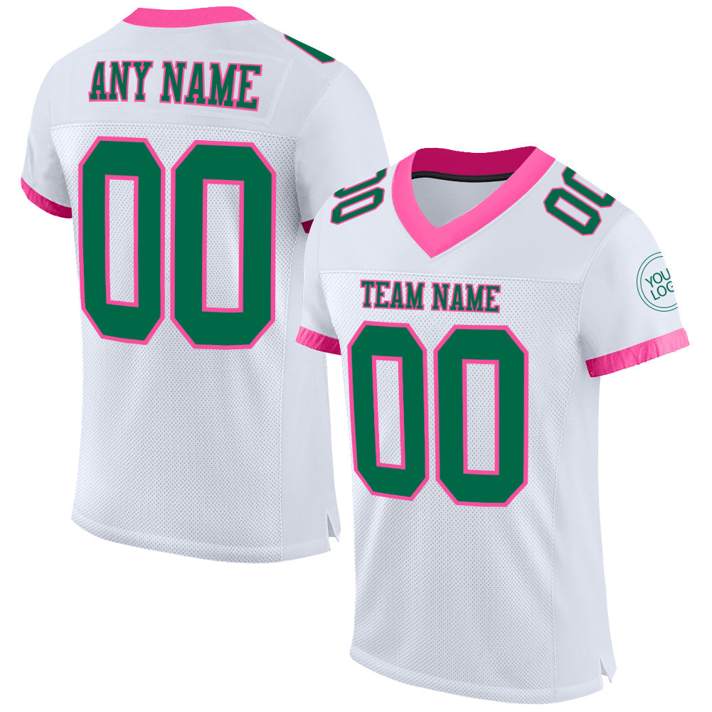 Custom White Kelly Green-Pink Mesh Authentic Football Jersey - Main View