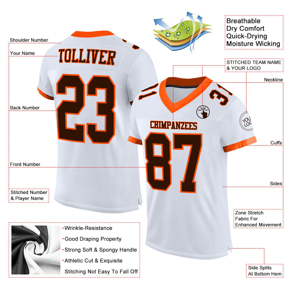 Custom White Brown-Orange Mesh Authentic Football Jersey view 2