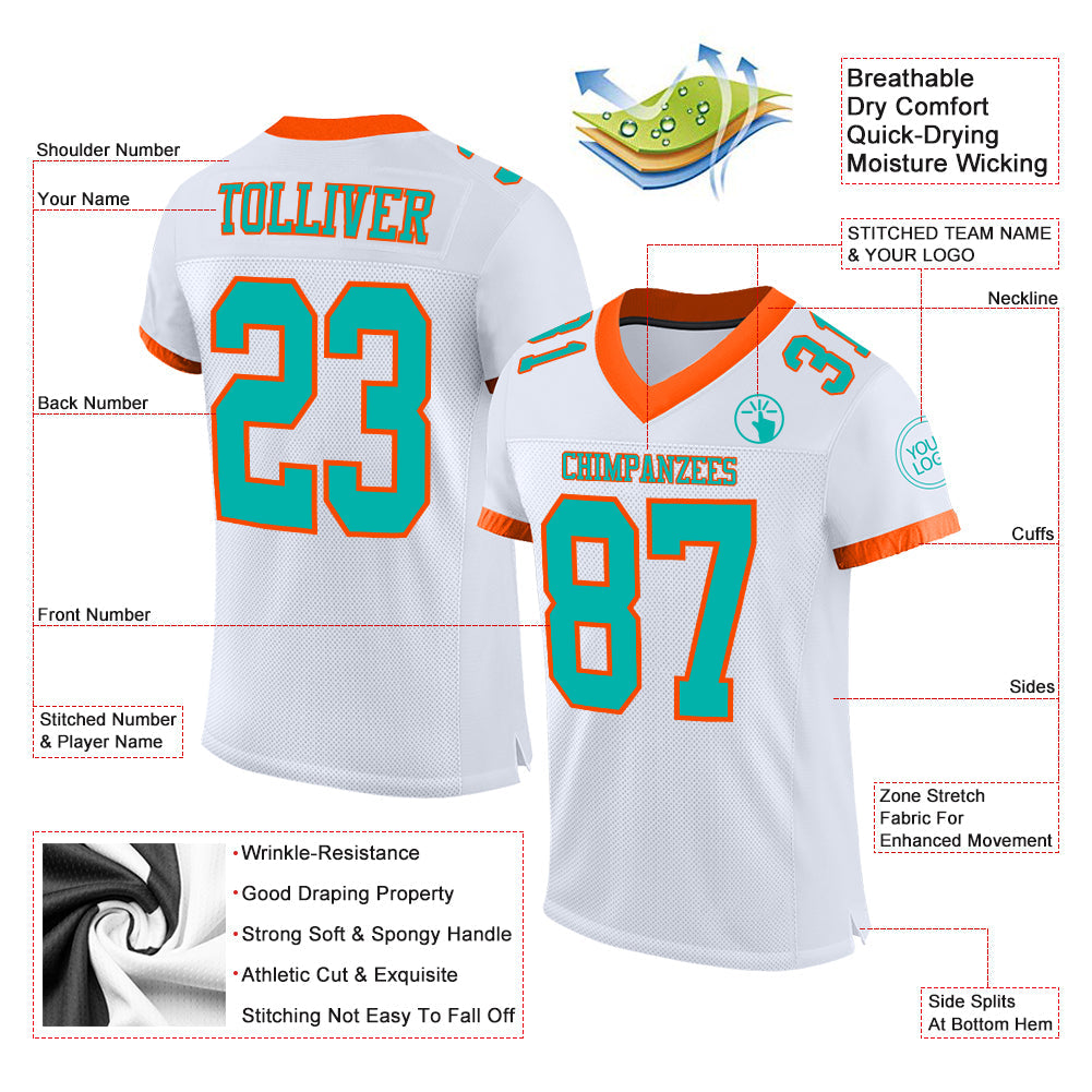 Custom White Aqua-Orange Mesh Authentic Football Jersey view 2