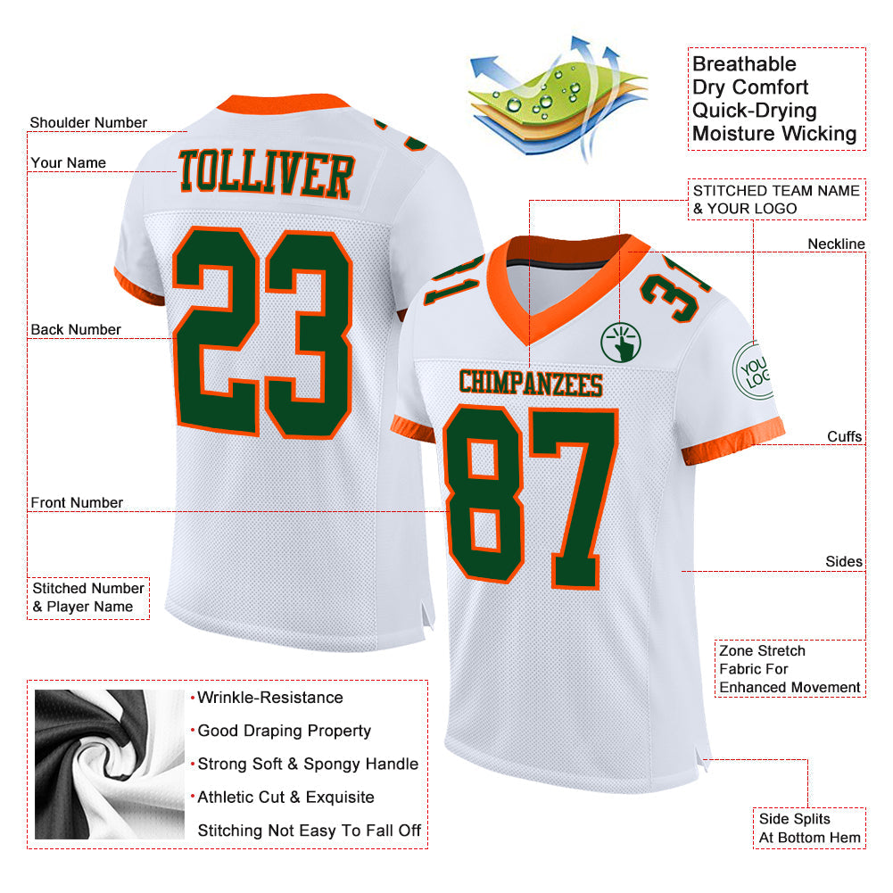 Custom White Green-Orange Mesh Authentic Football Jersey view 2