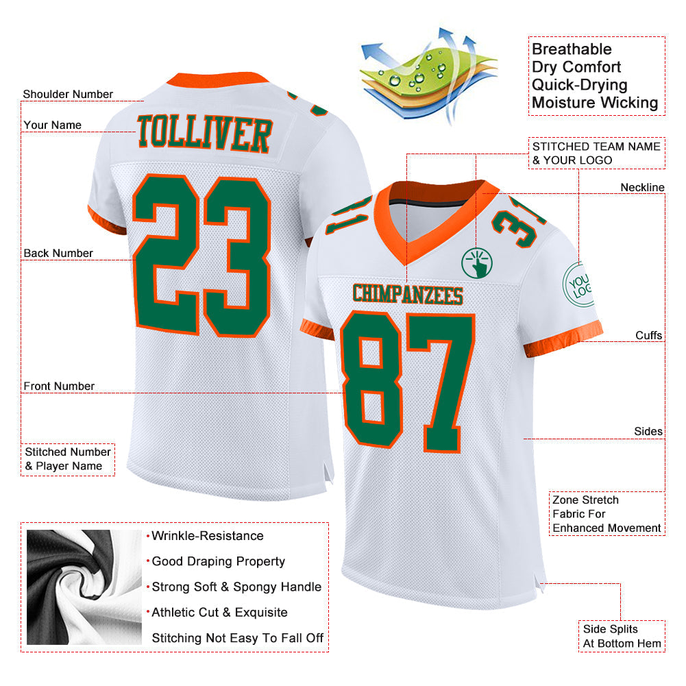 Custom White Kelly Green-Orange Mesh Authentic Football Jersey view 3