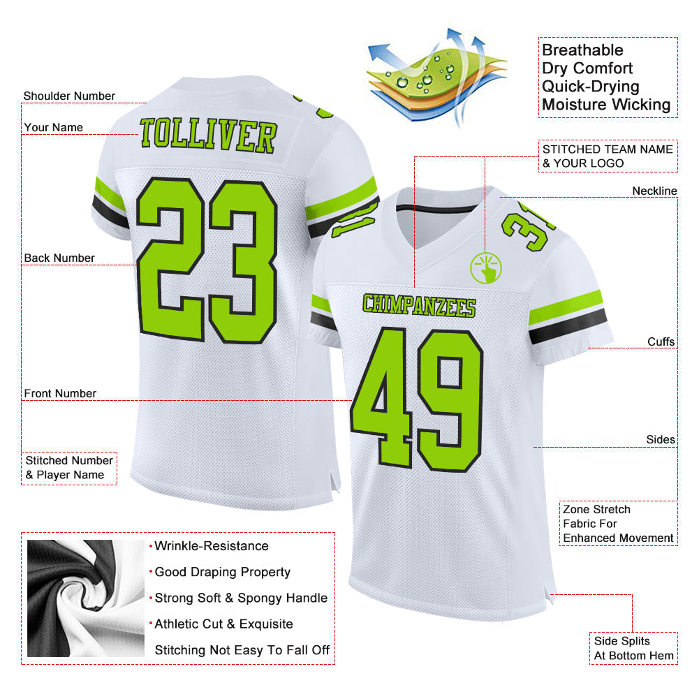 Custom White Neon Green-Black Mesh Authentic Football Jersey view 2
