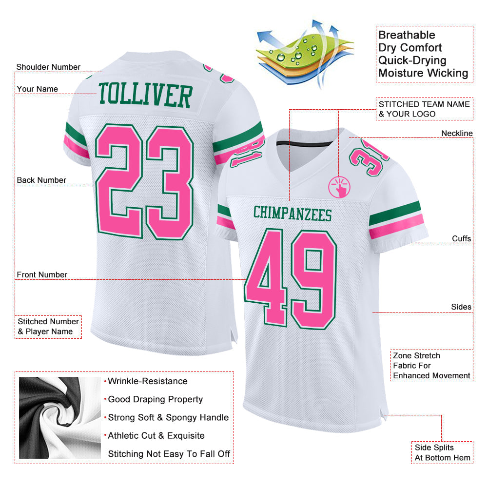 Custom White Pink-Kelly Green Mesh Authentic Football Jersey view 2