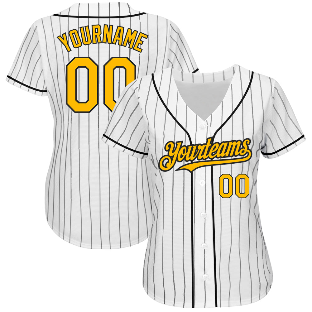Custom White Black Pinstripe Gold Authentic Baseball Jersey view 2
