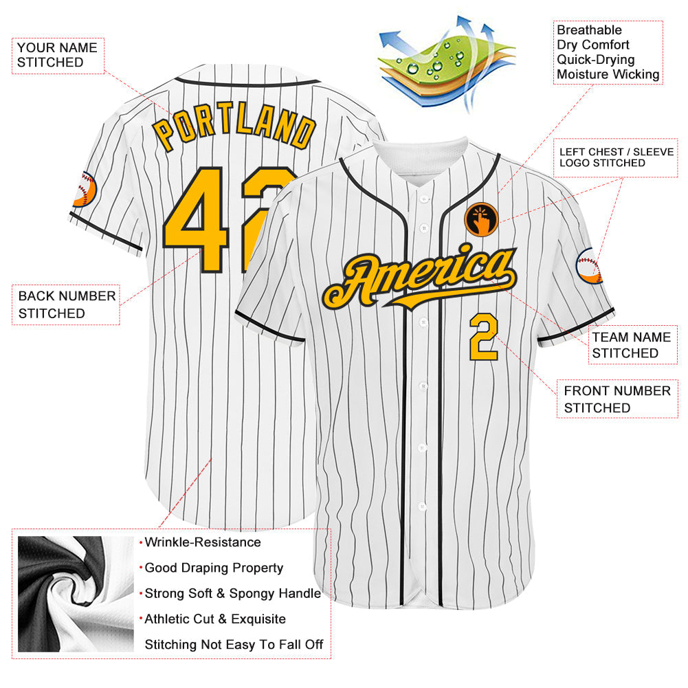 Custom White Black Pinstripe Gold Authentic Baseball Jersey view 3