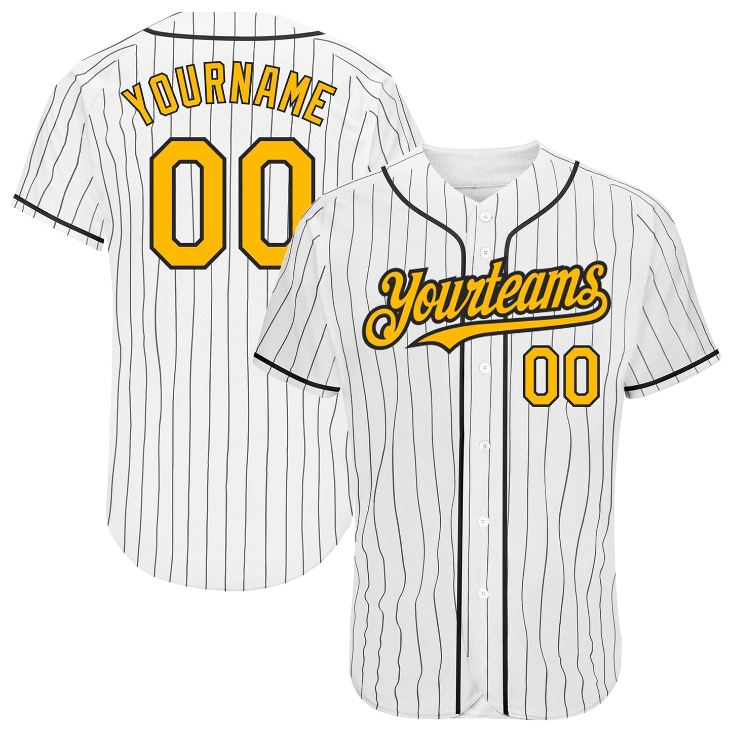 Custom White Black Pinstripe Gold Authentic Baseball Jersey - Main View