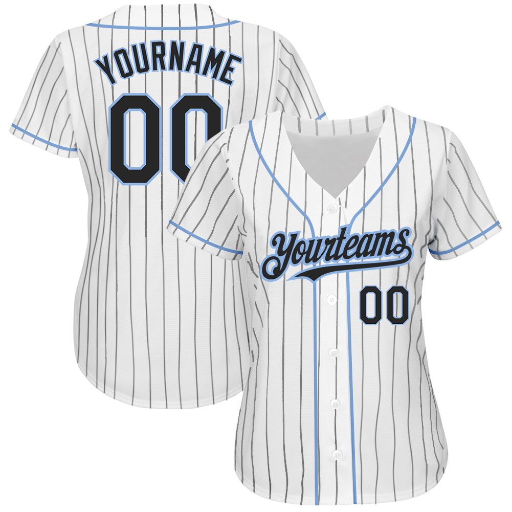 Custom White Black Pinstripe Light Blue Authentic Baseball Jersey view 2