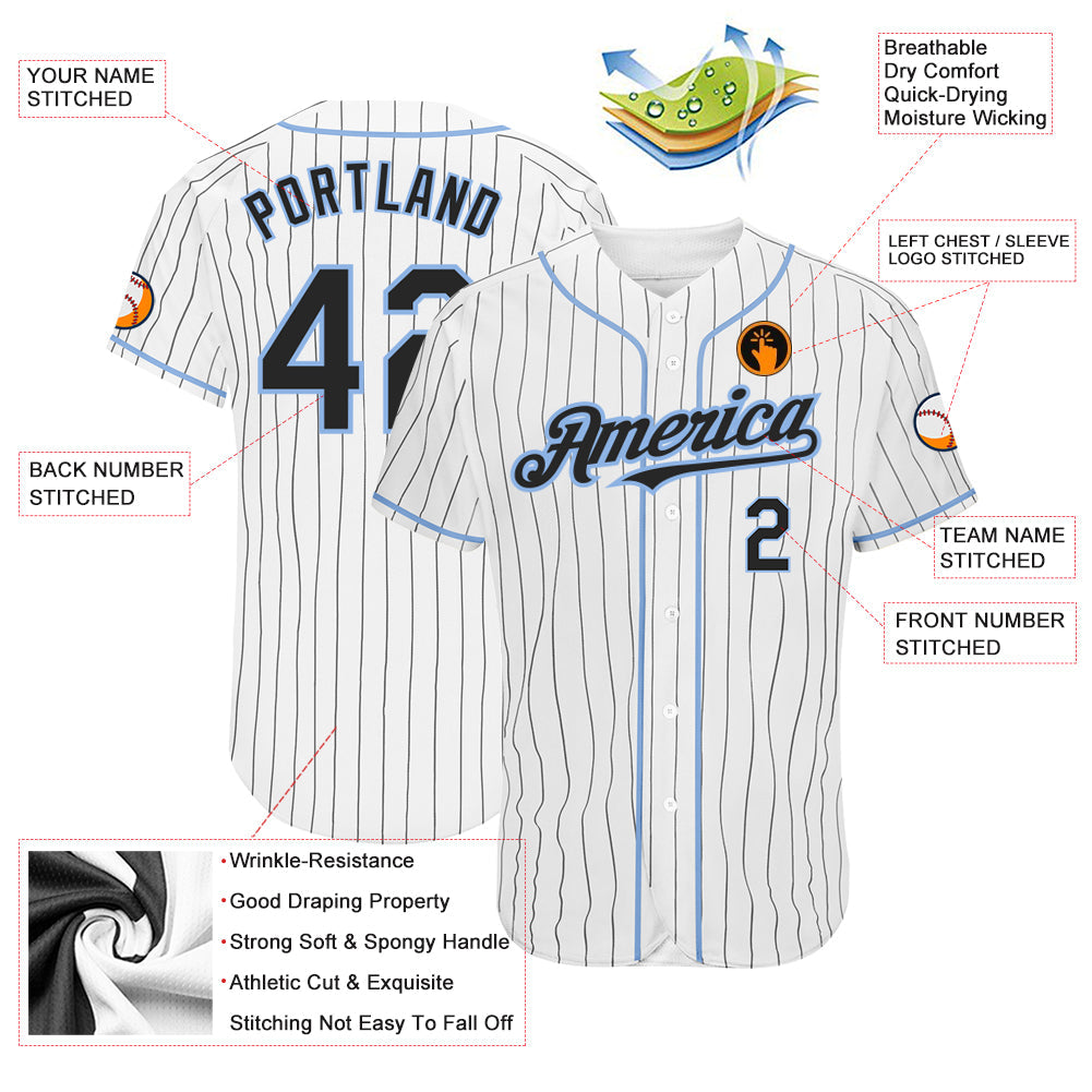 Custom White Black Pinstripe Light Blue Authentic Baseball Jersey view 3