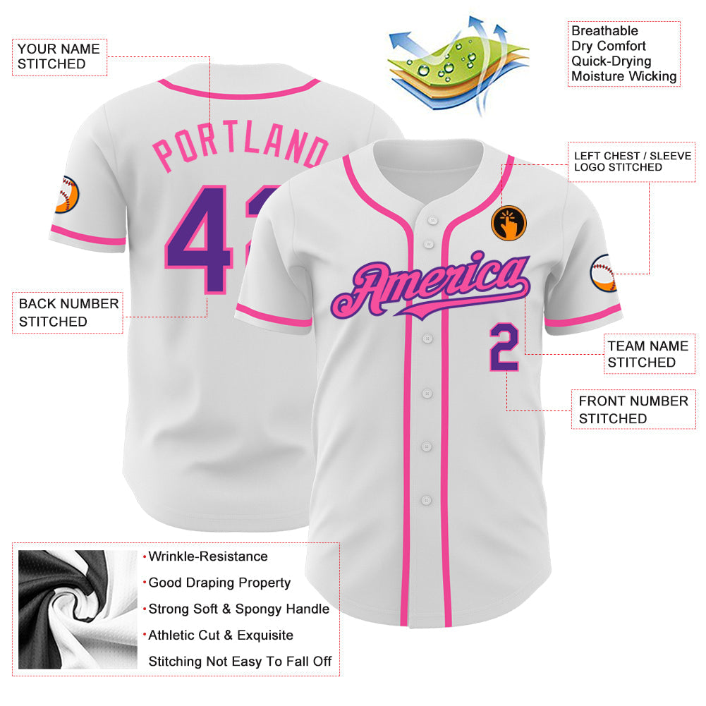 Custom White Purple-Pink Authentic Baseball Jersey view 3